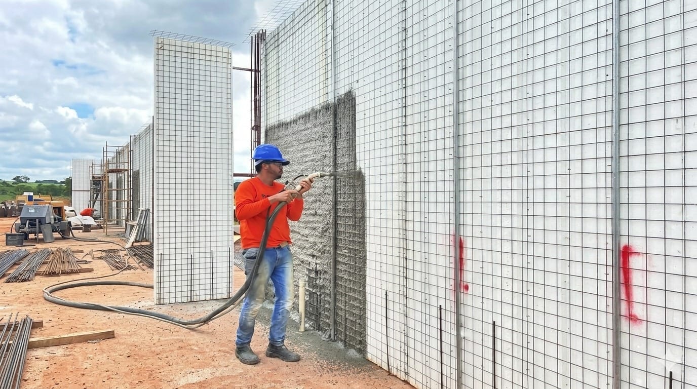 Operario proyectando sobre paneles EPS con malla en obra